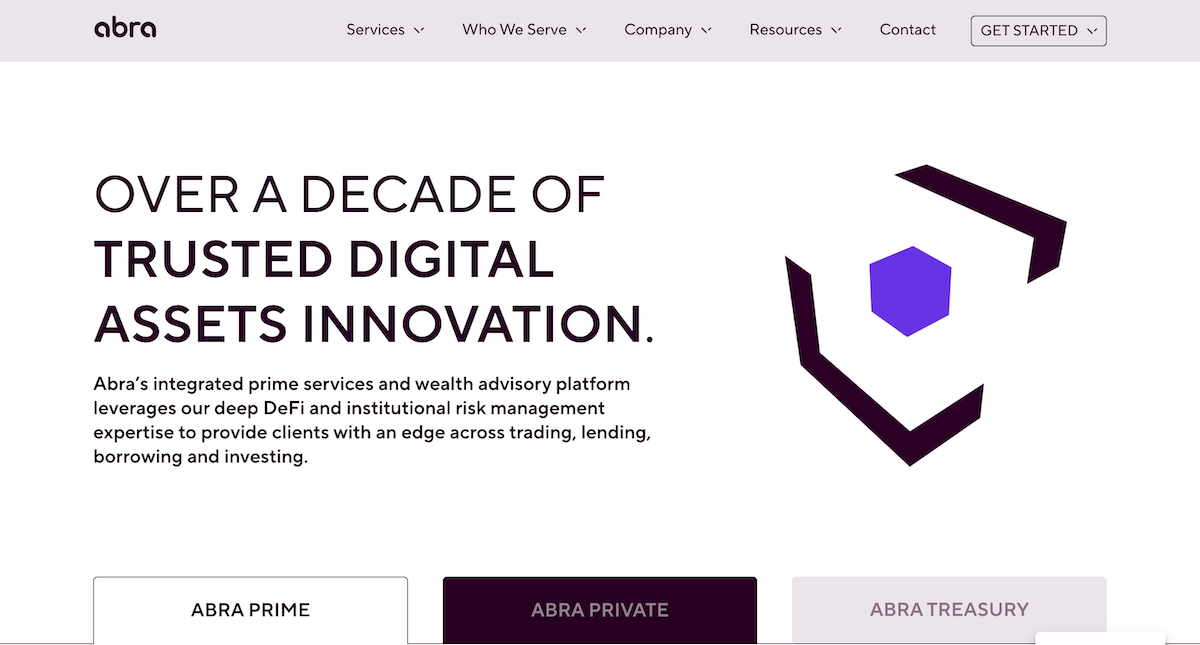 Screenshot of Abra website