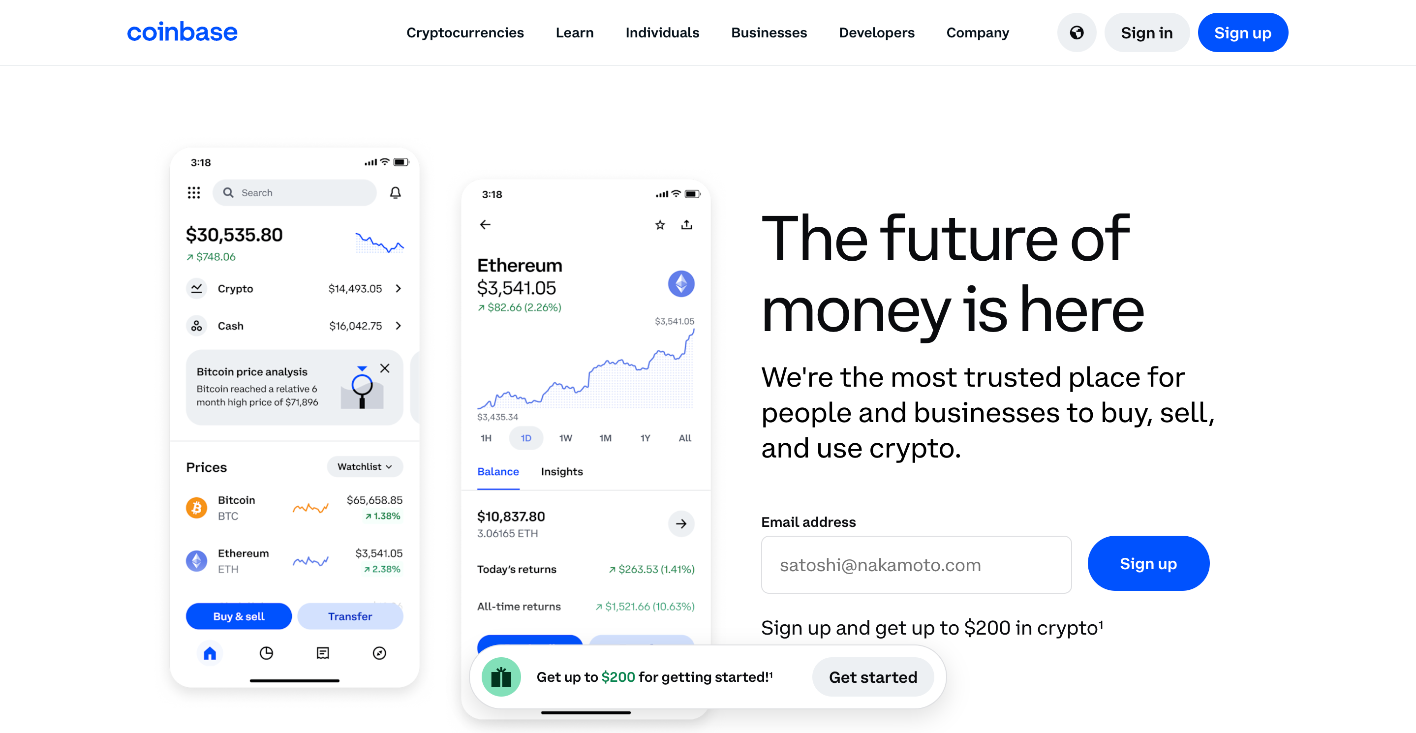 Screenshot of Coinbase website