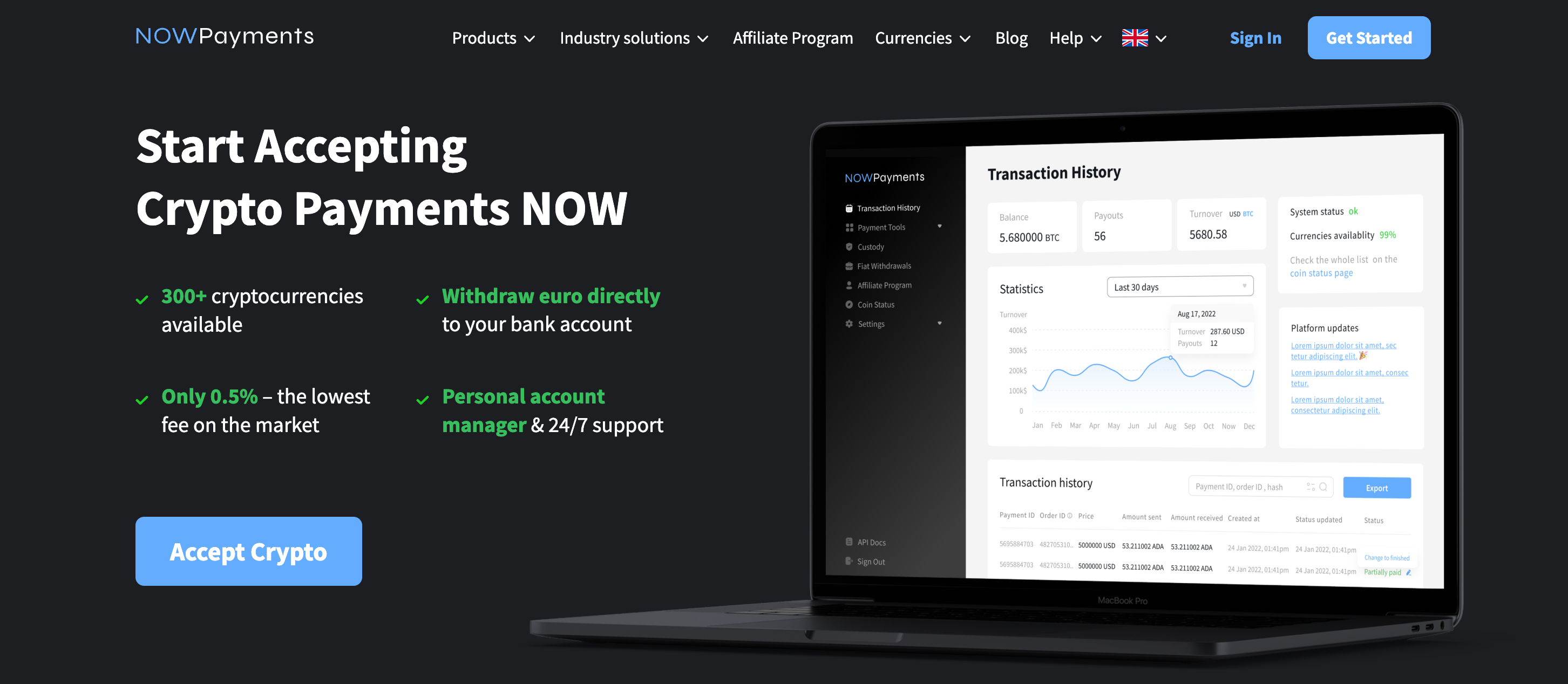 Screenshot of NOWPayments website